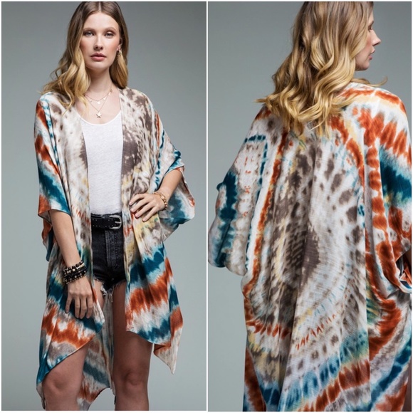 Bohemian Tie Dye Kimono Pink White Cover up - Picture 11 of 11